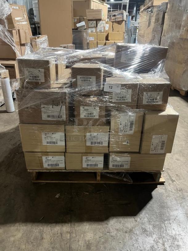 Mixed pallet with Steelite plates, new condition. Includes Tahara, Folio Parliament, Avalon, Potter's Shell series, labeled boxes.