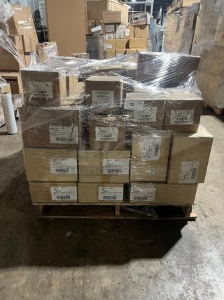 Mixed pallet with Steelite plates, new condition. Includes Tahara, Folio Parliament, Avalon, Potter's Shell series, labeled boxes.