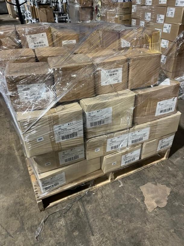 Pallet with mixed Steelite International Tahara, Folio Parliament, Avalon, and Potter's Shell series plates. Sealed boxes, new.