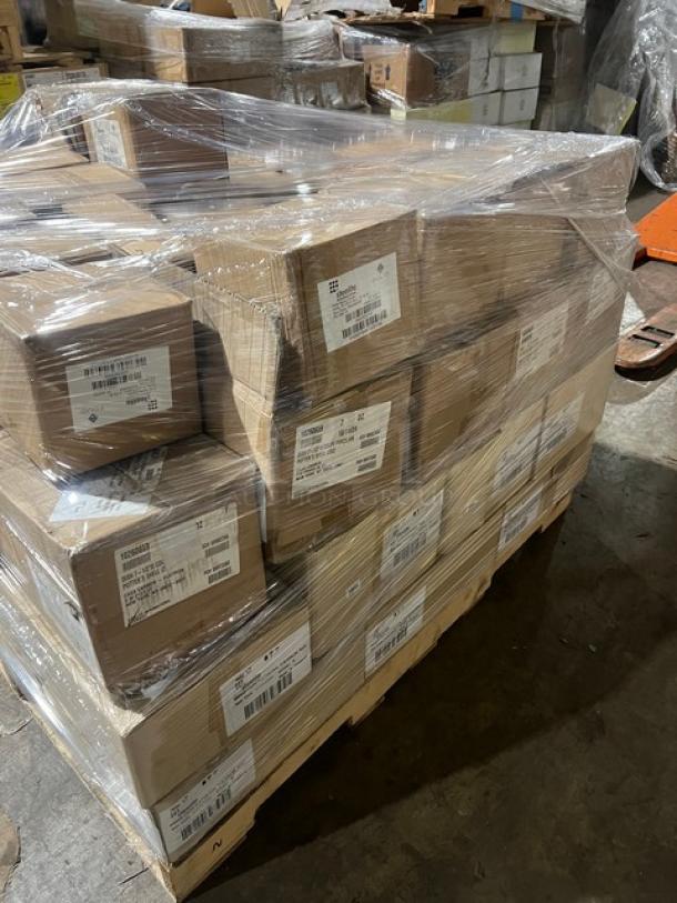 Pallet of Steelite International dishware, brand new and shrink-wrapped. Mixed models include Tahara, Folio, Avalon, and Potter's Shell.