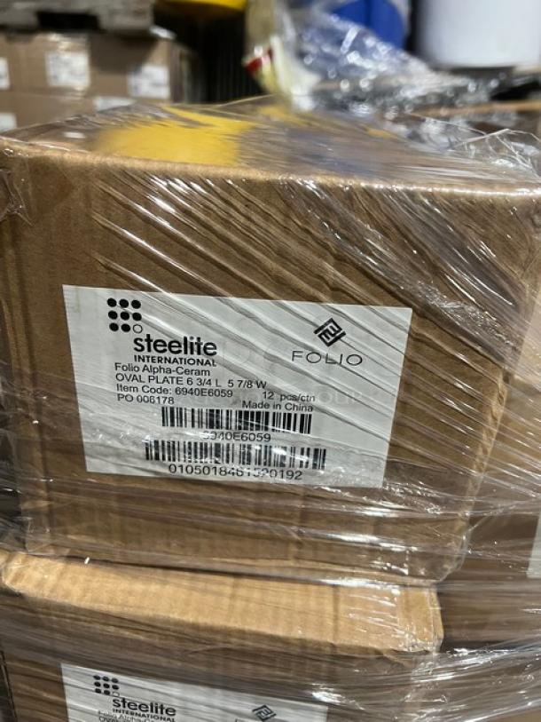 Steelite International Folio Alpha-Ceram Oval Plates, 12 per case, Model 6940E6059, new in box with packaging label.
