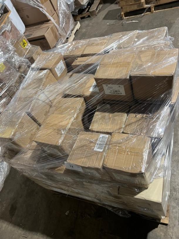 Pallet of boxed Steelite International plates, shrink-wrapped. Includes Tahara, Folio, Avalon, and Potter's Shell models.