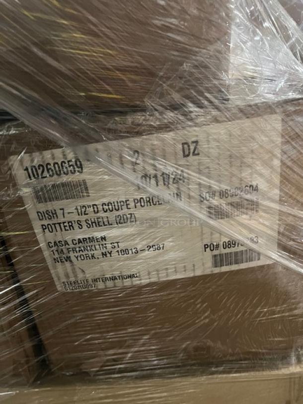 Mixed pallet of Steelite International commercial white dishes, tightly wrapped. Includes Tahara, Folio, Avalon, and Potter's Shell series. Visible label: Casa Carmen address and Potter's Shell model.