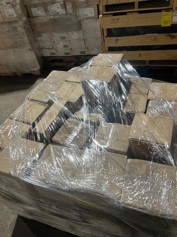 Mixed pallet of brand new Steelite International dinnerware, boxed and wrapped. Includes Tahara Series plates, Folio Parliament ovals, Avalon platters, and Potter's Shell dishes, multiple cases.