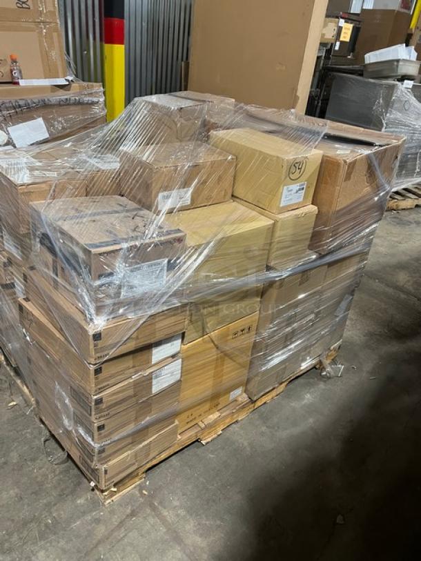 Shrink-wrapped pallet of boxed commercial kitchenware, featuring Bormioli Rocco glasses, Steelite trays, and more.