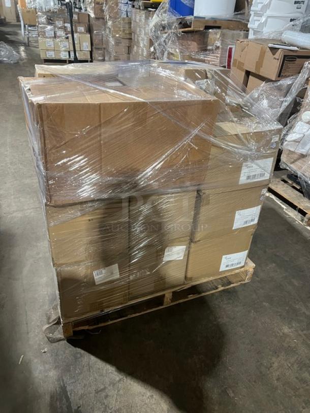 Mixed pallet of brand new commercial kitchenware, including Bormioli Rocco 7.5 oz. glasses, Steelite trays, and more.