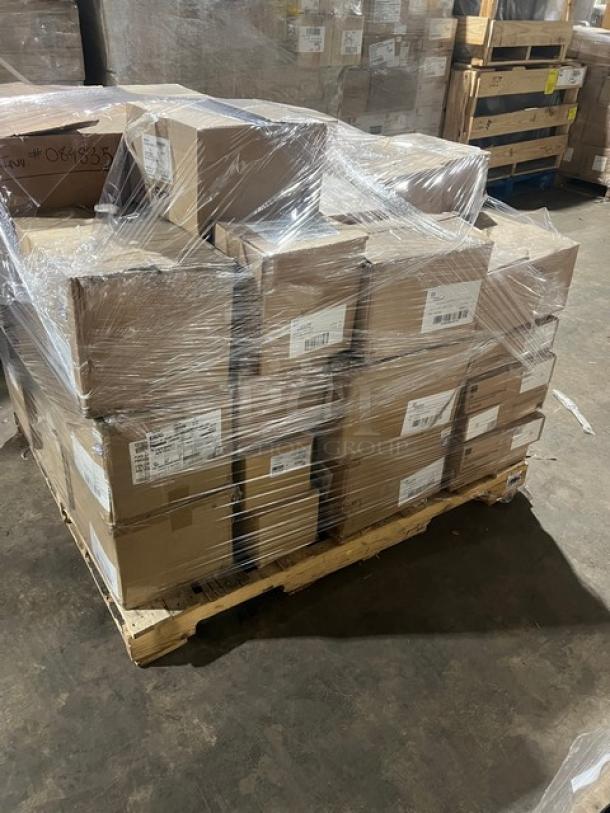 Pallet of mixed commercial items in boxes, wrapped in plastic. Includes Bormioli Rocco glassware and Steelite serving trays.