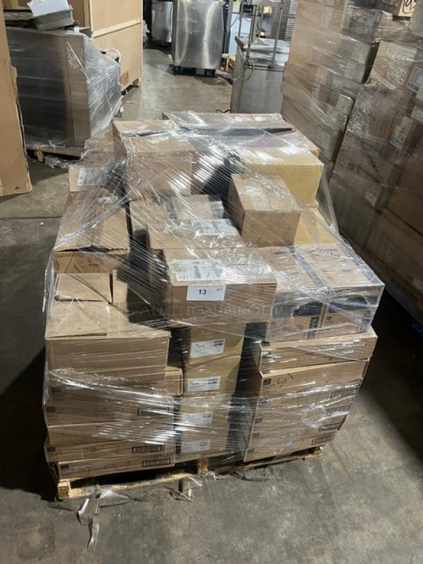 Mixed pallet with Bormioli Rocco cappuccino glasses, Steelite trays, ice cream disher, and more, wrapped for shipping.