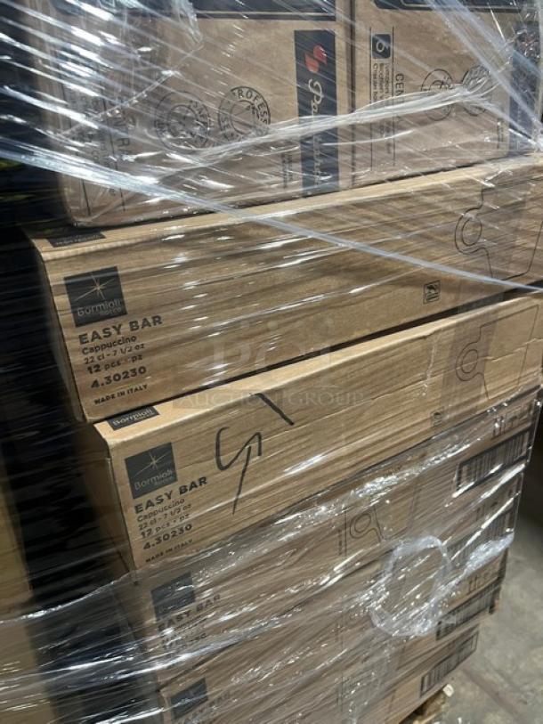 Mixed pallet featuring Bormioli Rocco Easy Bar 7.5 oz cappuccino glasses, model 4.30230. Includes multiple commercial tableware items.