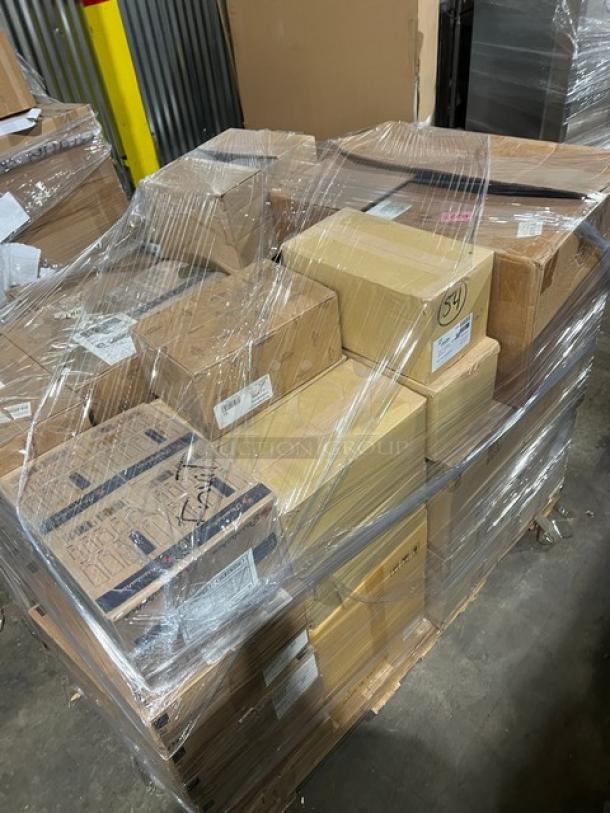 Mixed pallet of Bormioli Rocco cappuccino glasses, Steelite serving trays, stainless steel disher, and more, all brand new.