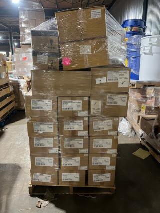Auction image of a mixed pallet of brand new boxed glassware. Includes Steelite International Rona and Folio Series and Pasabahce Maldive Series items. Boxes are shrink-wrapped and labeled with model numbers and descriptions.