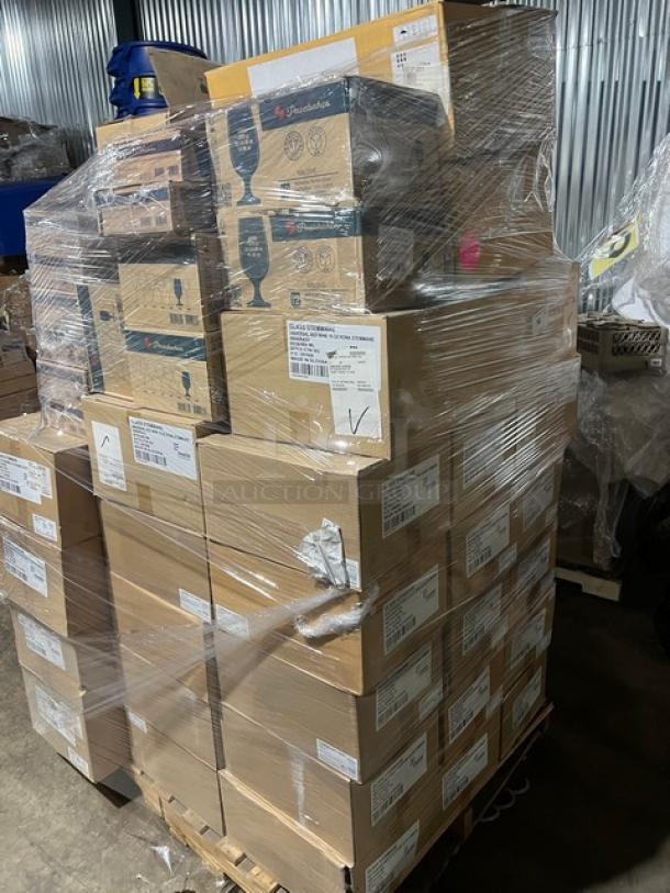 Mixed pallet of brand new stemware and jugs, models 48056R384, 4806R423, 6321P1321, and more. Pallet wrapped, boxes labeled.