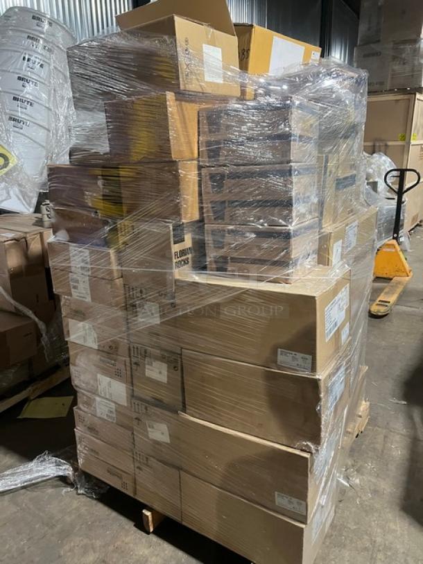 Mixed pallet of new Steelite and Pasabahce glassware cases, variety of models. Sealed and labeled boxes.