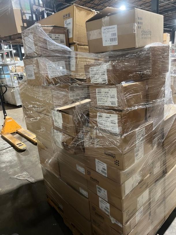 Brand new mixed pallet of Steelite International glassware, including Rona Series models 48056R384, 4806R423, Folio Series model 6321P1321, and Pasabahce Maldive Series model 44995. Packaged in labeled boxes on a pallet.