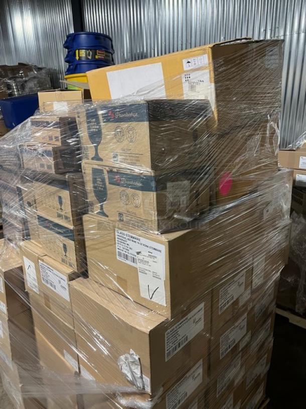 Mixed pallet of new Steelite International and Pasabahce glassware, wrapped in plastic; includes various models like 48056R384 and 44995.
