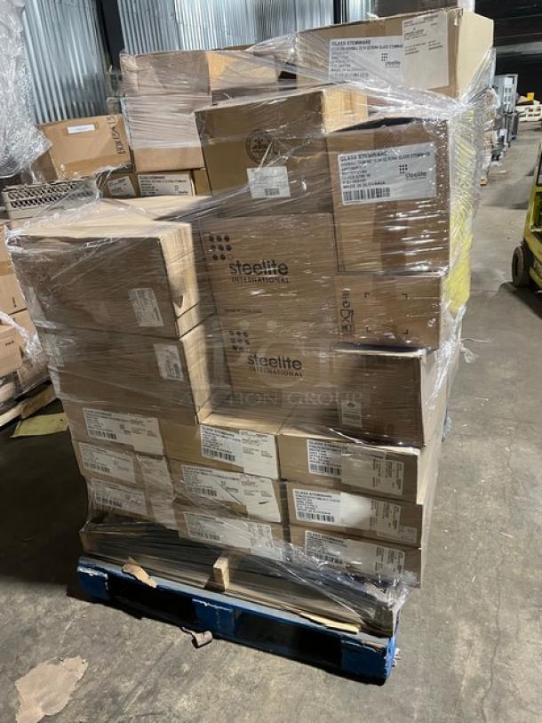 Mixed pallet of Steelite International Rona Series glassware, including 11-1/4 oz. and 22-1/4 oz. stemless glasses, in original packaging.