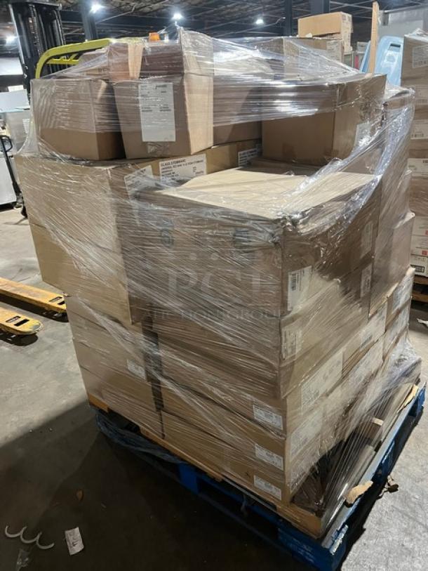 Brand new mixed pallet of Steelite International Rona Series glassware and Tablecraft items, wrapped and ready for shipping.