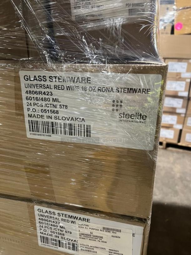 Mixed pallet of Steelite International Rona Series glassware and Tablecraft aluminum ice scoops. Includes labels indicating models and quantities.
