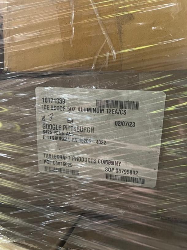 Mixed pallet of Steelite International Rona Series glassware and Tablecraft aluminum ice scoop. Visible label details item specs.
