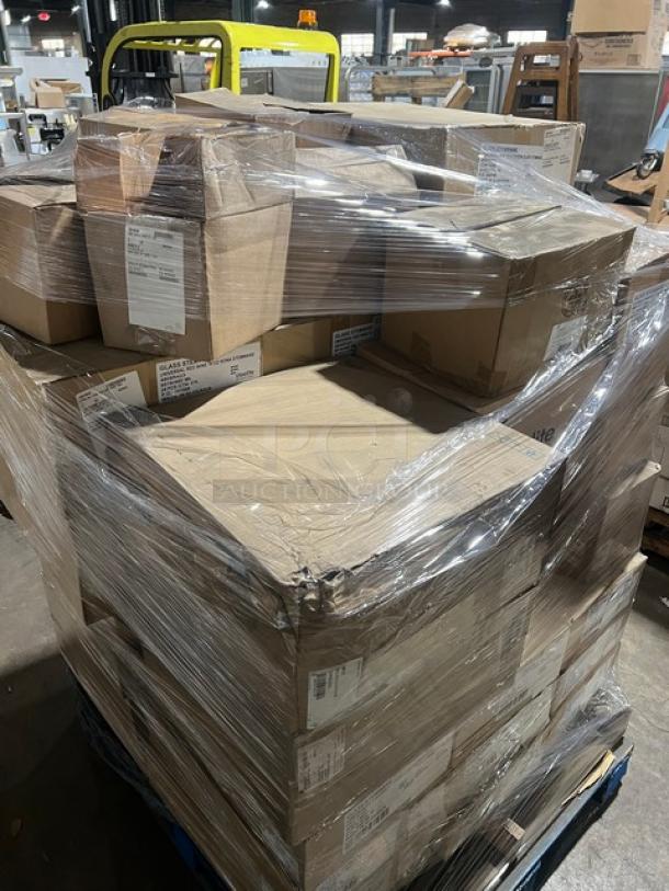 Mixed pallet of Steelite International Rona Series glassware in boxes, shrink-wrapped for auction. Includes various models. Brand new condition.