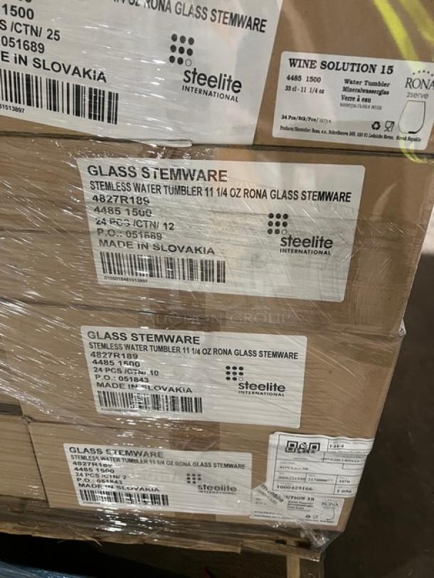 Steelite International Rona Series glassware mixed pallet, includes stemless tumblers, wine glasses, highball glasses, tagged as made in Slovakia.