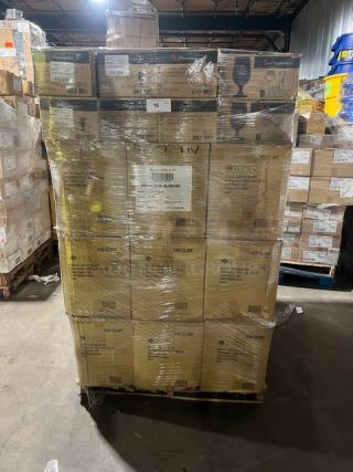 Mixed pallet with Direct Pack BOTTLEBOX 8"x8" containers, Pasabahce 12.25 oz goblets, Steelite 7" plates, shrink-wrapped.