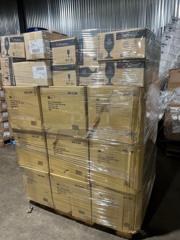 Mixed pallet containing Direct Pack BOTTLEBOX containers, Pasabahce Maldive beer glasses, and Steelite Avalon plates. Items new in boxes.