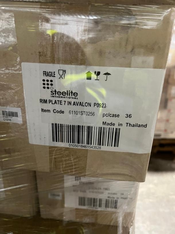 Steelite International Avalon Series 7" Round Rim Plate label on mixed pallet, 36 pieces per case, made in Thailand.