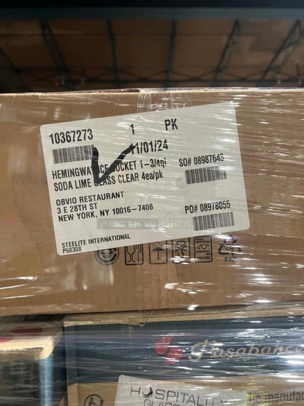 Mixed pallet close-up showing the label for Hemingway Ice Bucket at OTBIVO Restaurant. Includes Direct Pack, Pasabahce, and Steelite items.