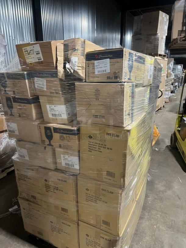 Mixed pallet of new Direct Pack BOTTLEBOX red/clear containers, Pasabahce beer glasses, Steelite Avalon plates, and more.