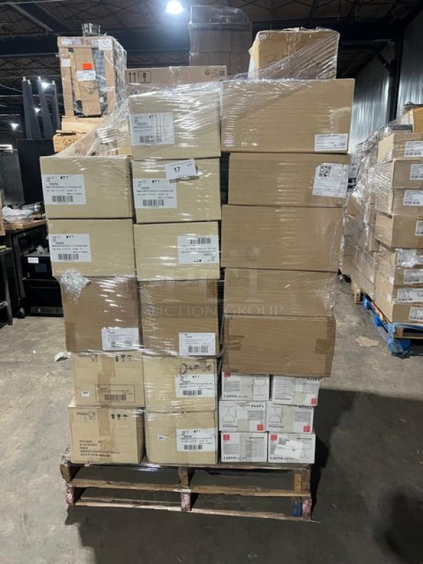 Mixed pallet of brand new Bormioli Rocco and Steelite International commercial glassware and platters, 89 cases total.
