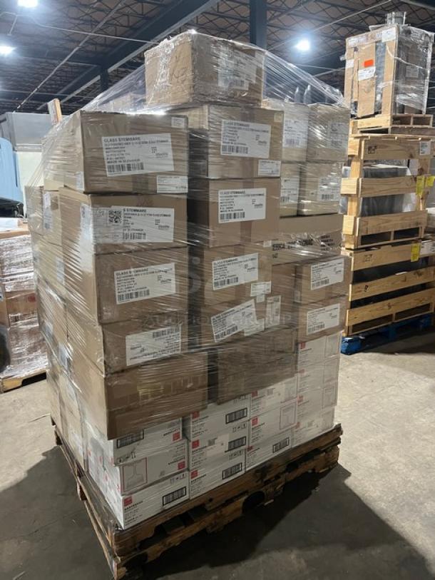 Mixed pallet of new restaurant glassware and dinnerware. Includes Bormioli Rocco and Steelite International items. Various models.