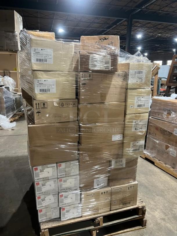 Mixed pallet with new boxed items: Bormioli Rocco glasses, Steelite International bowls, platters, and more.