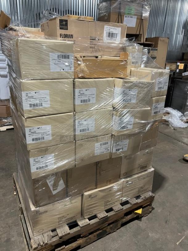 Mixed pallet of Bormioli Rocco glasses and Steelite International bowls and platters, all brand new in boxes.