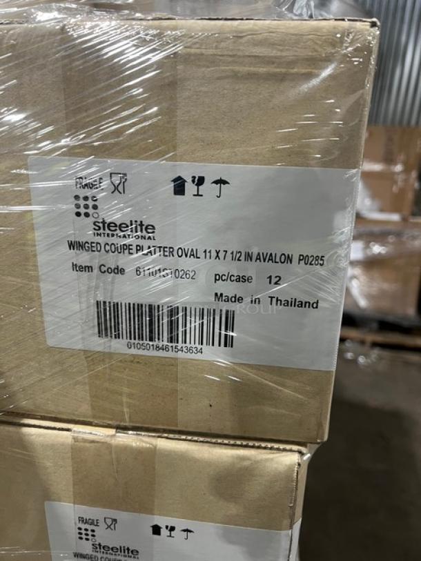 Sealed mixed pallet with Steelite International Avalon 11"x7-1/2" Winged Coupe Platter, 12 per case, item code 61101ST0262.