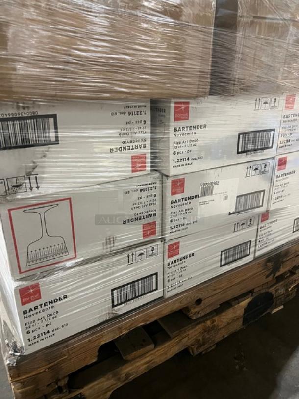 Mixed pallet of brand new Bormioli Rocco and Steelite commercial glassware, sealed in original packaging with models and quantities.