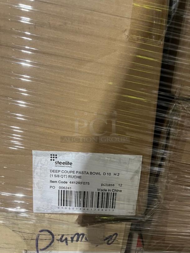 Brand new mixed pallet featuring Bormioli Rocco glasses, Steelite pasta bowls and platters, sealed with product tags.