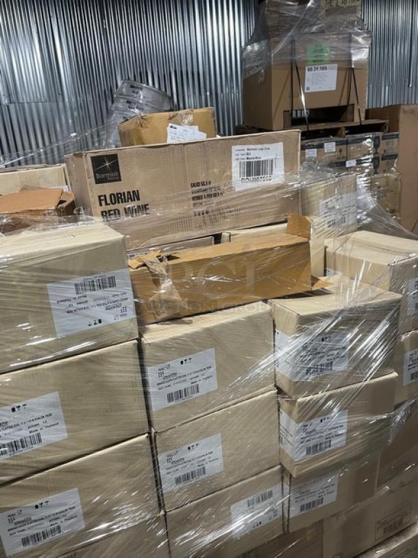 Mixed pallet with Bormioli Rocco glasses, Steelite International bowls and platters, brand new, multiple cases, sealed packaging.