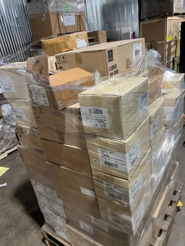 Mixed pallet with Bormioli Rocco bartender glass, Steelite International pasta bowl and platters, and other items, brand new.