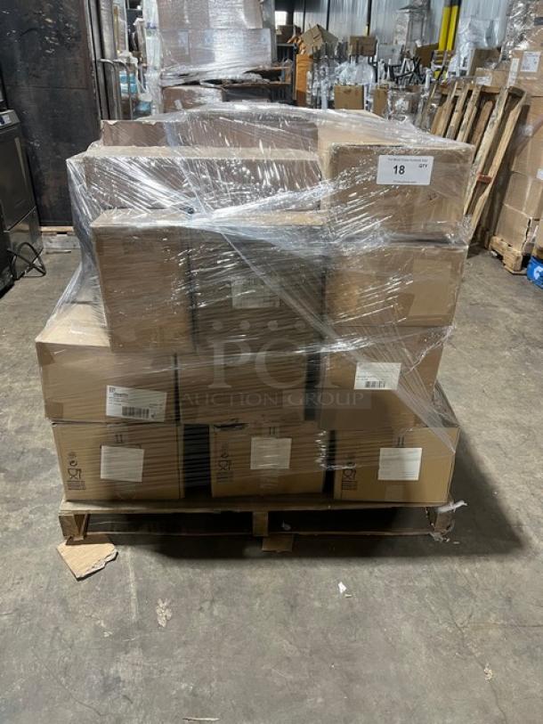 Mixed pallet of Steelite International kitchenware including Varick's Pub plates, Adelaide trays, Sea Salt bowls, and Vollrath ladles. Brand new in original boxes, pallet shrink-wrapped. Ideal for commercial use.