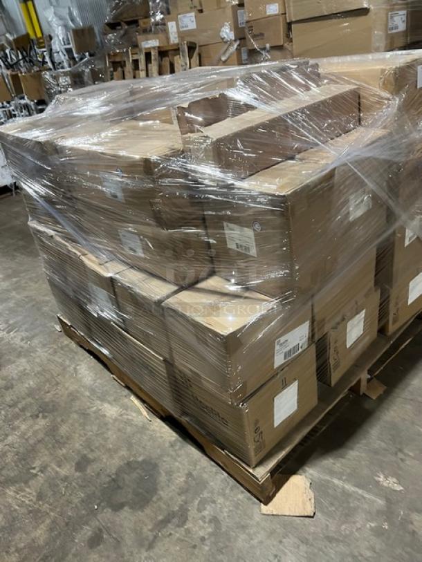 Mixed pallet of brand new Steelite International tableware, including plates, trays, and bowls, securely wrapped.
