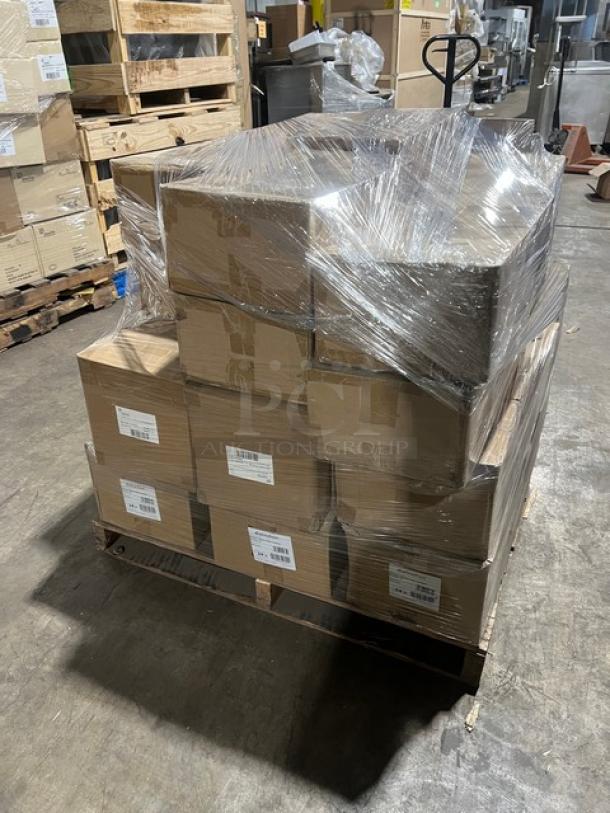 Mixed pallet of Steelite International dinnerware and Vollrath ladles, brand new in boxes, shrink-wrapped on a wooden pallet.