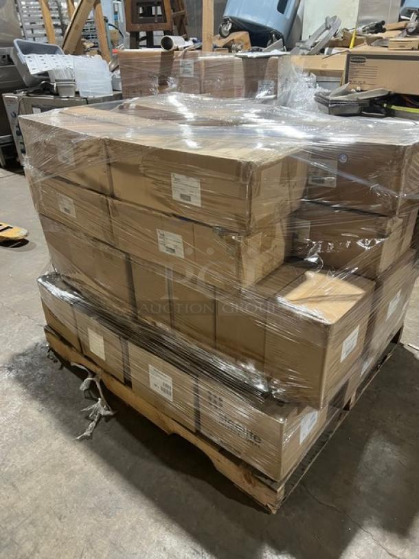 Mixed pallet of new Steelite International and Vollrath items. Contains plates, trays, bowls, and ladles. Packaged in boxes.