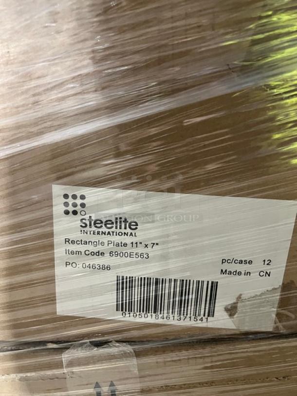 Steelite International rectangular plate, 11"x7", Model 6900E563, 12 per case, wrapped in plastic, label visible.