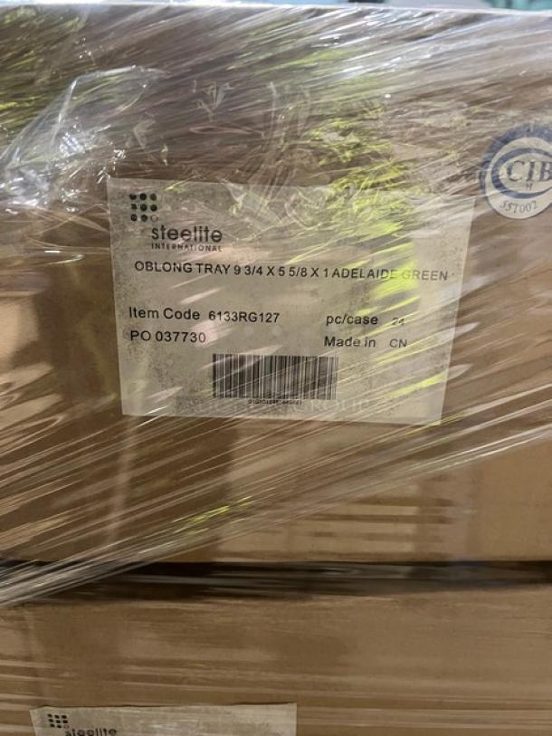 Mixed pallet of Steelite International Varick plates, oblong trays, sea salt bowls, and Vollrath ladle. New condition.