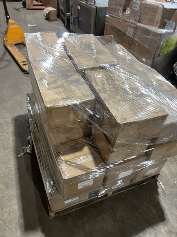 Brand new mixed pallet, boxed and wrapped, containing Steelite Varick plates, trays, bowls, Vollrath ladles, and more.