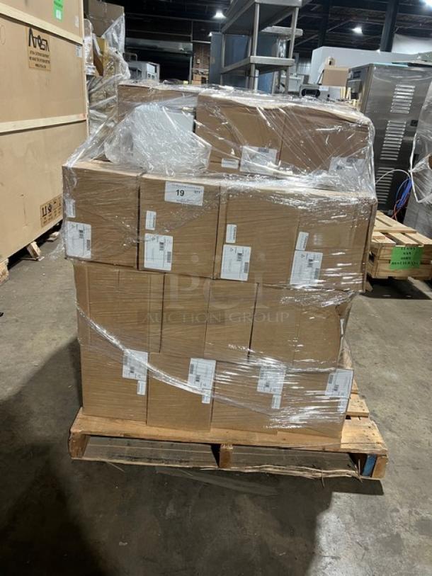 Brand new pallet of Cal-Mil Model 1600Custom square ice merchandisers with clear food pans, shrink-wrapped, in original boxes.