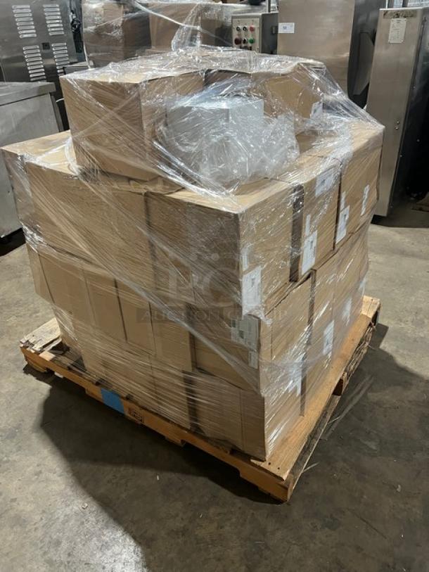 Brand new pallet of Cal-Mil Commercial White Custom Square Ice Merchandisers, Model 1600Custom. Features clear polycarbonate food pans.