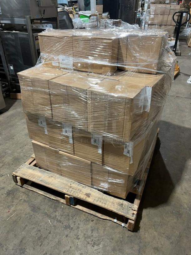 Full pallet of new Cal-Mil 1600Custom Ice Merchandisers with clear food pans, wrapped for shipping.