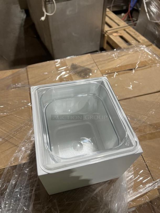 Cal-Mil 1600Custom ice merchandiser, white square, new with clear polycarbonate food pan, on pallet.